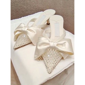 2025年新款蝴蝶結高跟鞋女細跟氣質名媛網紗水鉆半拖鞋女包頭涼鞋