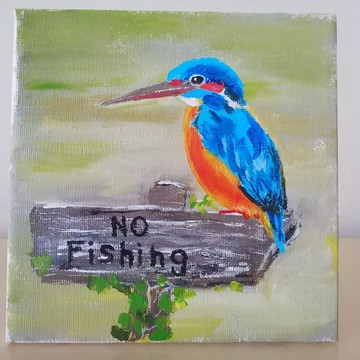 No fishing翠鳥、原創油畫 獨一無二