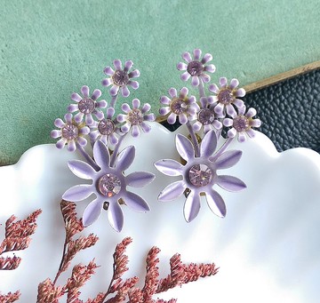【西洋古董飾品 】 琺瑯花 淡紫花卉 大耳環 夾式耳環