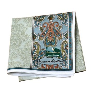 Giovanni Valentino 日本製淺綠底滿版佩斯利拼接異域風圖騰字母LOGO帕巾(49CM)