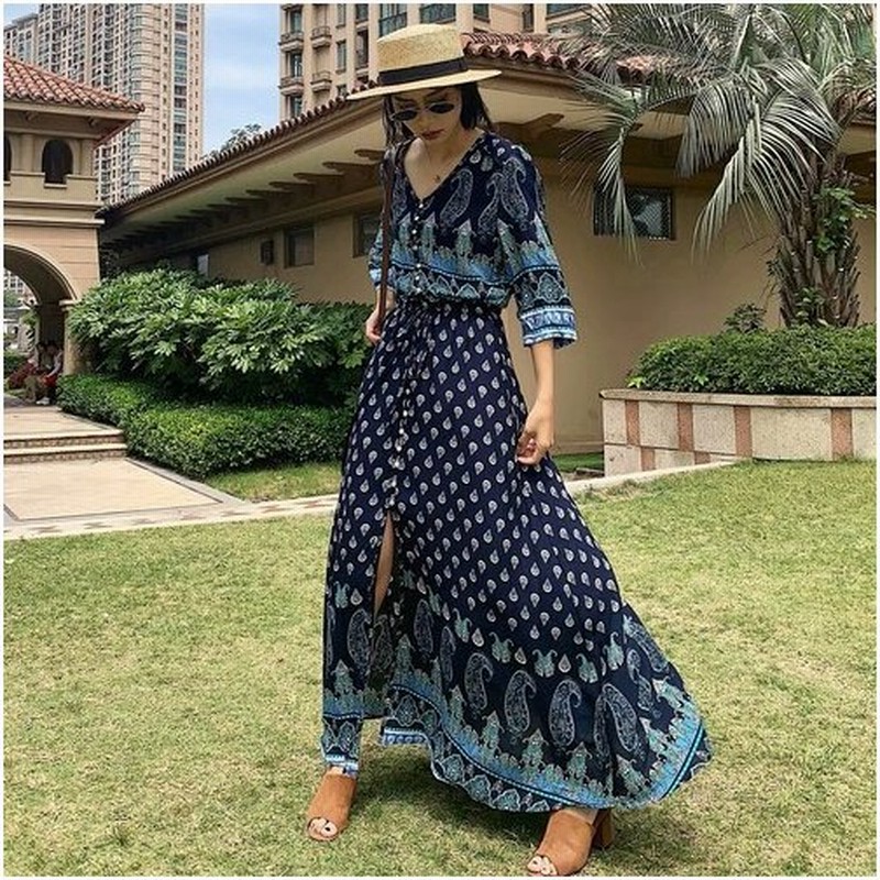 初売りsale エスニック ファッション ワンピース レディース 代 30代 40代 50代 マキシワンピース 女性 春 夏服 秋 エスニック調 七分袖 春夏秋 通販 Lineポイント最大get Lineショッピング