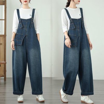 【Paiya 派亞】文藝大碼秋季不對稱設計牛仔背帶褲(M-2XL可穿)