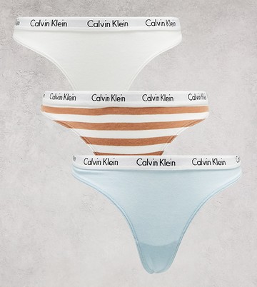 Calvin Klein Plus Size Carousel logo thong 3 pack in blue, white and beige stripe-Multi