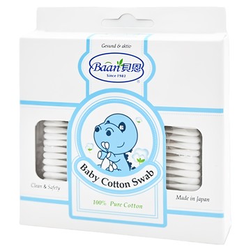 Baan 貝恩 嬰兒細紙軸棉花棒 100%純棉 觸感柔細舒適 專為嬰幼兒眼耳鼻設計 日本製造  125支  1盒