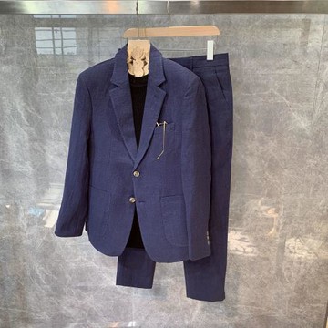 美式春秋新款亞麻休閑西服套裝男修身高級感棉麻小西裝西褲兩件套