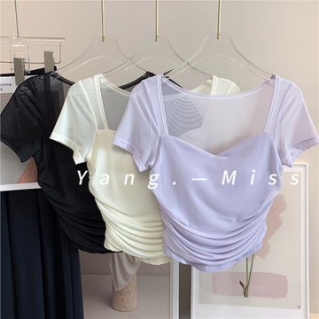 瑜珈服女網紗拼接瑜伽短袖 一體杯速干運動T恤絕美普拉提健身上衣