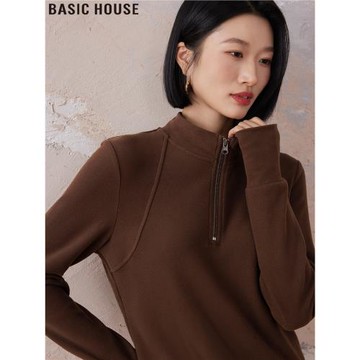 Basic House/百家好美拉德咖色半拉鏈加絨衛衣立領打底衫女春秋季