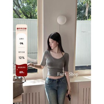 【Fart Shop】半袖上衣 短款大圓領修身彈力短袖t恤女夏