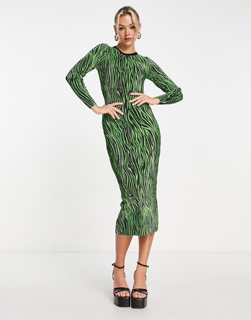 River Island zebra plisse midi dress in green推薦| ASOS LINE購物