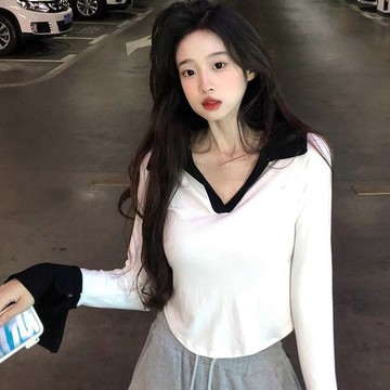 胖胖美依 上衣 長袖T卹 短款 打底衫 S-2XL新款小翻領純欲風長袖T卹內搭打底衫顯瘦辣妹上衣-2502.