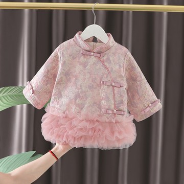 粉金渲染旗袍蛋糕紗裙長版上衣 連身裙 旗袍裝 拜年服 過年 唐裝 新衣 女童 兒童 童裝 橘魔法 現貨 【BB7195】