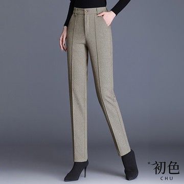 初色 純色修身休閒高腰直筒毛呢九分長褲西裝褲-共2色-32172(M-2XL可選)