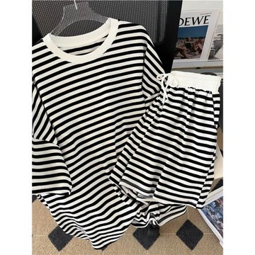 網紅ins風純棉條紋睡衣女夏季薄款短袖短褲休閑可外穿家居服套裝