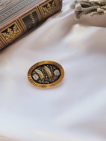 美國西洋古董飾品/ 西班牙大馬士革雙鶴繁花胸針/別針Damascening