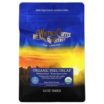 Mt. Whitney Coffee Roasters, 有機秘魯脫咖啡萃取咖啡，中度烘焙全豆，12 盎司（340 克）