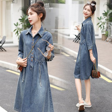 現貨+預購 女牛仔洋裝連身短裙大尺碼長裙連衣裙A字裙休閒大碼女裝-復古七分袖女裙子74ga53【獨家進口】【米蘭精品】