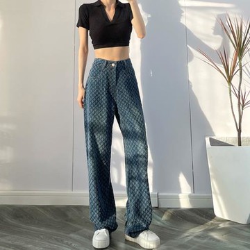 COVANE夏季寬松顯瘦深藍色高腰牛仔褲女設計感歐美褲子直筒闊腿褲