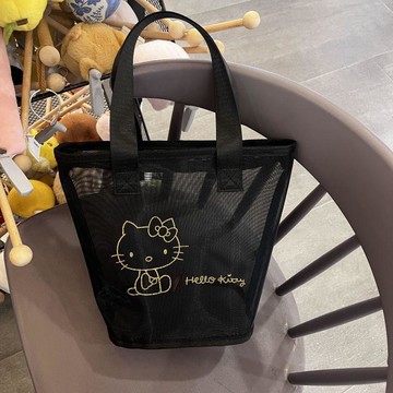 ✨臺灣出貨✨新款黑色手提包KT貓透氣網紗收納包大容量化妝包洗澡洗漱包防水袋