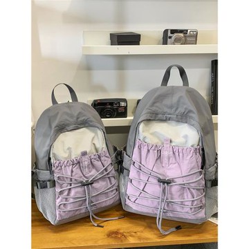 2026新款輕便雙肩包女大容量旅行戶外徒步包抽繩登山包撞色爬山包