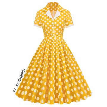 復古50年代感港風波點連衣裙大擺中長過膝收腰顯瘦氣質表演出舞蹈