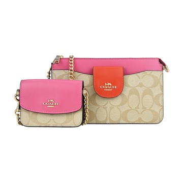 COACH C LOGO撞色皮革金屬鍊帶子母斜背麻將包(卡其X撞色粉橘)
