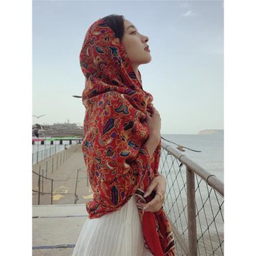 紅色民族風披肩草原拍照旅游防曬絲巾棉麻夏季海邊沙漠圍巾薄紗巾