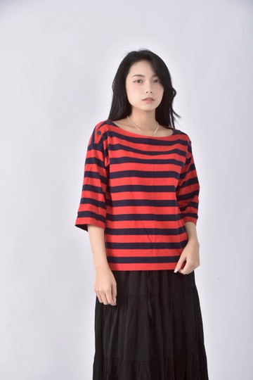 (L) ralph lauren條紋肩扣紅色短袖上衣