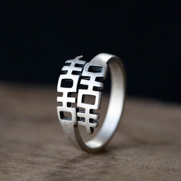 [米蘭精品] 925純銀戒指雙囍開口戒-鏤空啞光做舊復古七夕情人節生日禮物男女飾品74bv50