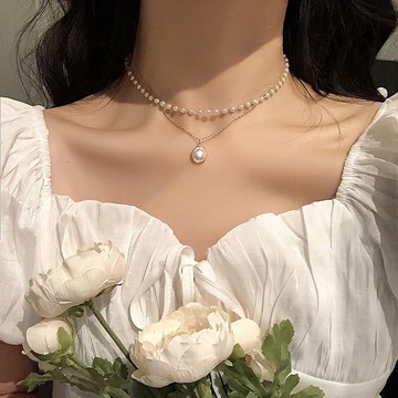 韓國復古疊戴雙層珍珠項鍊女 ins 潮氣質簡約 choker 鎖骨鏈