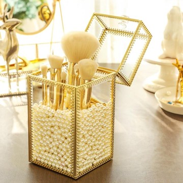 復古銅玻璃翻蓋刷具筒 美妝刷筒防塵 古銅包邊化妝刷桶刷子收納盒歐歐流行館