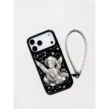 天使貝母手機殼適用蘋果16promax黑色云朵星星精致高檔滿天星ssself原創貝母iphone15手機套復古手感好歐美