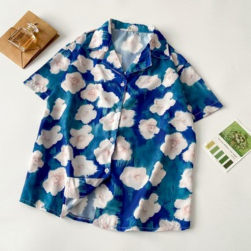 2022年夏季港味復古泰式花襯衫女設計感小眾度假風油畫襯衣防曬衫
