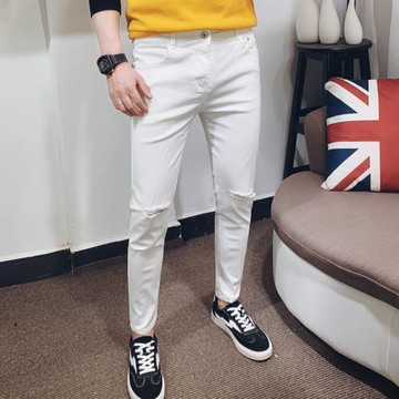 春季薄款破洞九分牛仔褲男修身小腳褲韓版帥氣百搭微彈白色褲子男