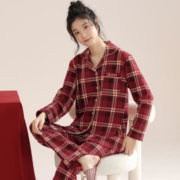 睡衣女秋冬季純棉長袖休閑套裝開衫翻領萊卡棉【高檔面料】家居服