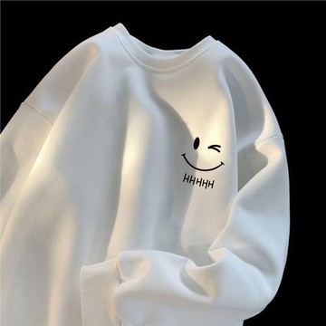 圓領套頭衛衣男春秋新款寬松休閑男裝衣服ins潮牌笑臉印花打底衫