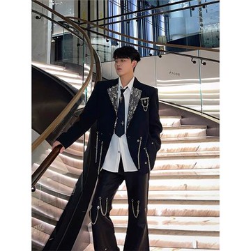 BIG Wisdom黑色西裝外套男亮片拼接設計高級感金屬多鏈條墊肩西服