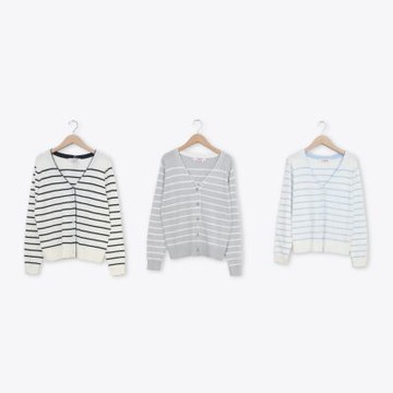 【CUMAR】經典條紋V領針織外套 白 米 灰(魅力商品)