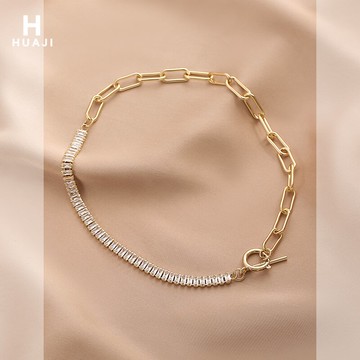 花跡不對稱鏈條項鏈女輕奢小眾設計極簡短款鎖骨鏈金屬風OT扣頸鏈