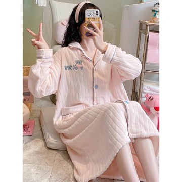 開衫睡裙女秋冬季熊仔網紅爆款珊瑚絨加厚睡衣女法蘭絨家居服睡袍
