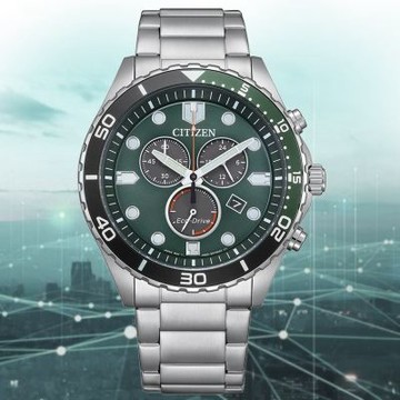 CITIZEN 星辰 Chronograph 光動能 計時碼錶 三眼男錶 藍面 送禮 禮物 推薦 AT2561-81X