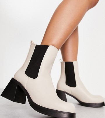 Topshop Wide Fit Bay square toe heeled chelsea boot in off white