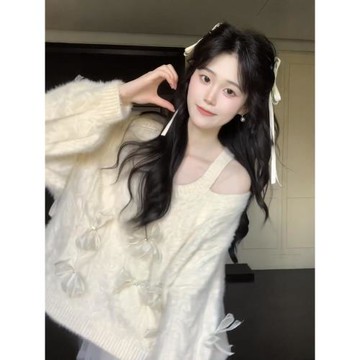 設計感立體蝴蝶裝飾V領麻花針織衫女秋冬新款慵懶風寬松軟糯毛衣