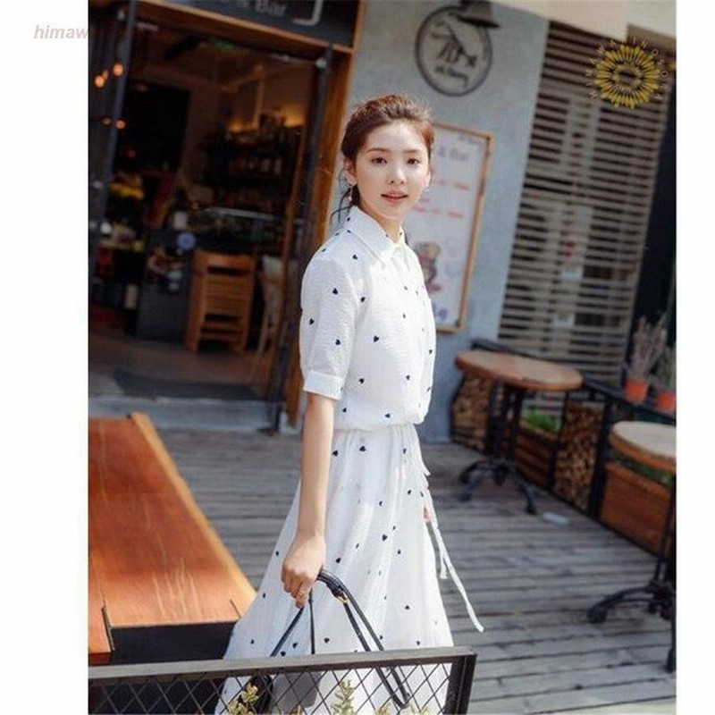 夏 白ワンピース 韓国ファション 韓国風 袖デザイン 半袖 襟付き スプライス ハート柄 おしゃれワンピース 膝丈 韓国ワンピース 通販 Lineポイント最大0 5 Get Lineショッピング