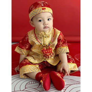 2025夏季唐裝中國風男寶寶抓周服純棉短袖喜慶生日宴百天周歲禮服