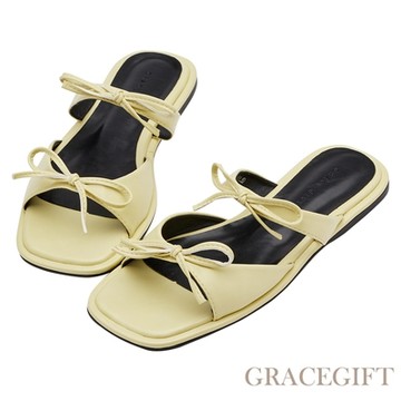 【Grace Gift】蝴蝶結雙帶方頭平底拖鞋 淺黃