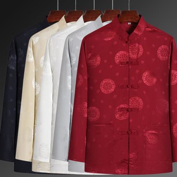 桑蠶絲唐裝男長袖上衣春夏中老年人襯衫提花綢緞生日祝壽老人衣服