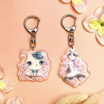 鑰匙圈 | 吊飾 | 滴膠款壓克力 - 櫻花美人貓、櫻花雨花花貓