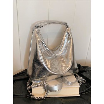 休閑大容量銀色包包女士2025新款百搭單肩包雙肩后背包通勤水桶包