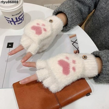 毛絨手套 學生寫字手套 可愛貓爪露指手套 毛線保暖手套 保暖手套 半指翻蓋手套 手套毛絨 防寒手套 防風手套