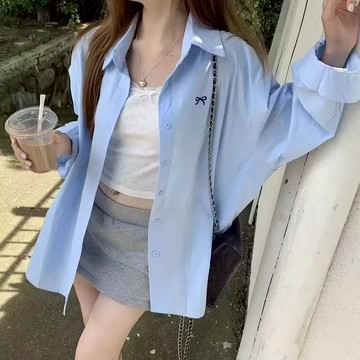 FUXI 長袖襯衫外套女 刺繡藍色襯衫 韓版防曬外套 寬鬆休閒襯衣外套 長袖薄款上衣 白色襯衫 女裝 衣服